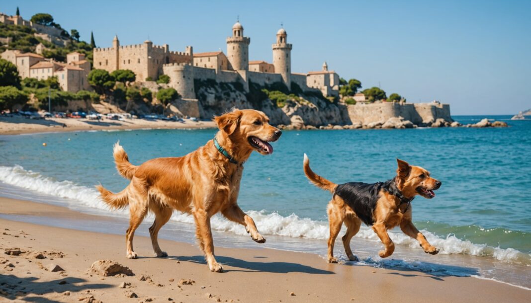 Chiens jouant sur la plage de Pipady à Toulon devant la Tour Royale