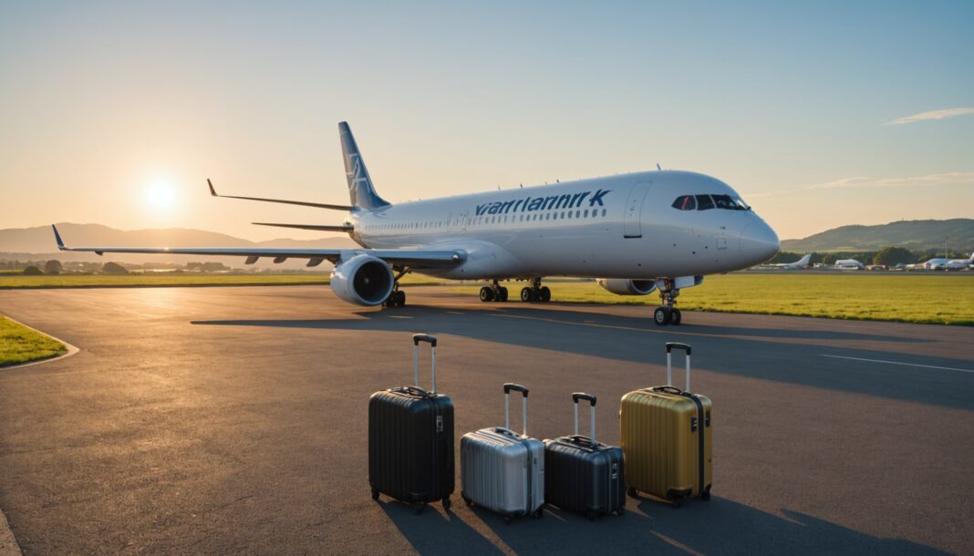 Avion de ligne sur le tarmac d'un aéroport régional au coucher du soleil, collines volcaniques en arrière-plan