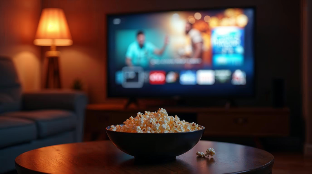 Soirée cinéma à la maison devant un grand écran