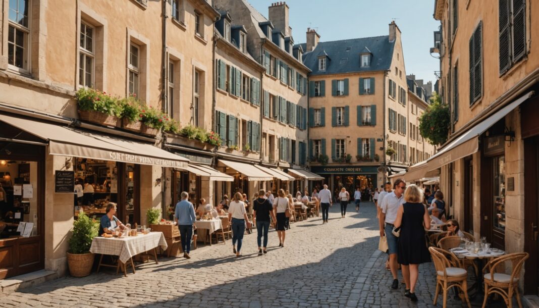 Rue piétonne avec commerces de centre-ville, illustration du soutien au commerce de proximité à Périgueux