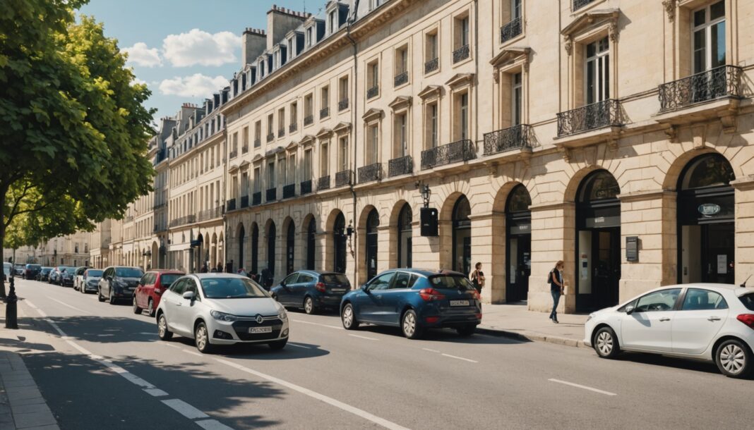 Rue de Bordeaux avec des voitures garées le long de façades en pierre et un horodateur au premier plan