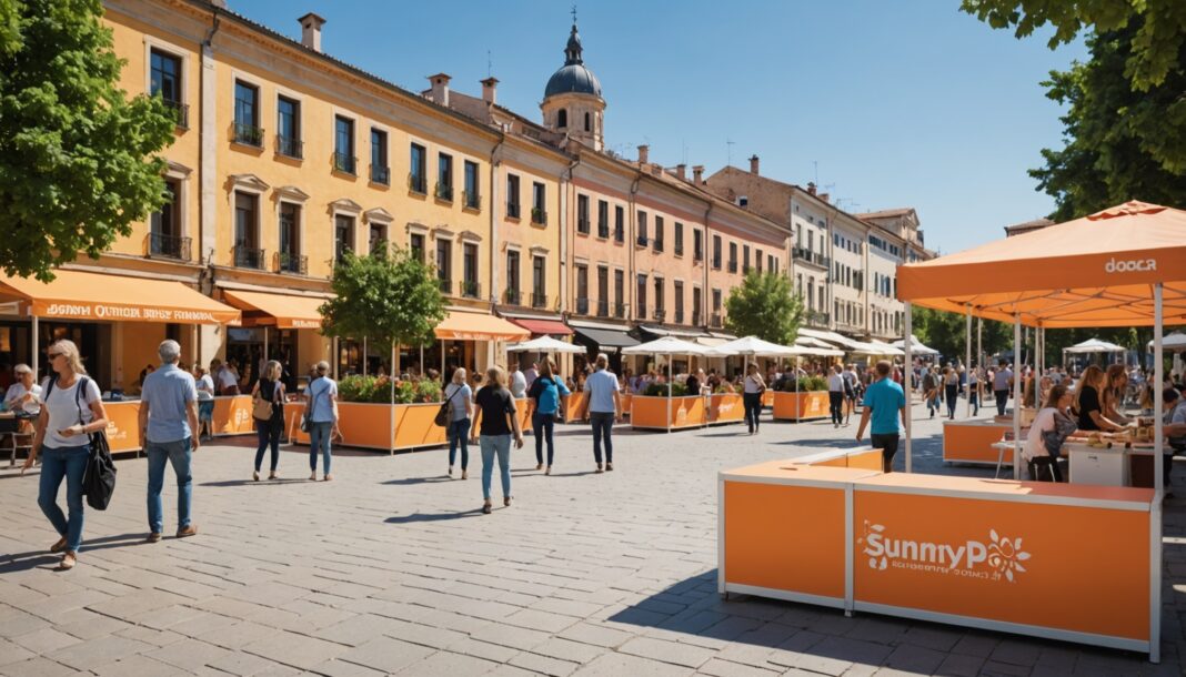 Stands associatifs colorés sur une place de ville, ambiance conviviale de rentrée