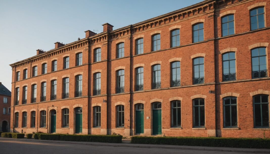 Façade en brique d'un ancien bâtiment industriel textile à Roubaix