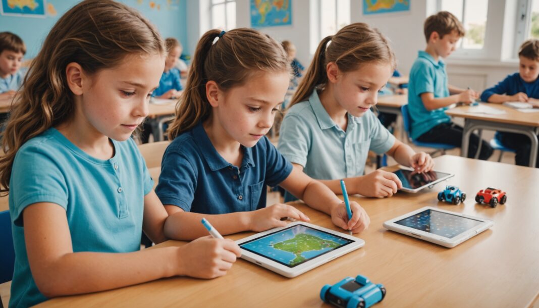 Enfants en classe avec kits de codage et robots pédagogiques, rentrée scolaire à Pornichet