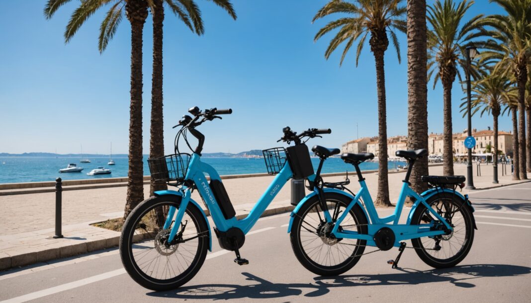 Vélos électriques en libre-service sur une promenade au bord de la Méditerranée