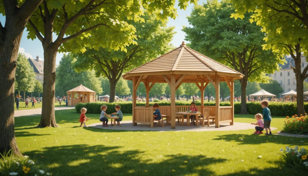 Espace extérieur aménagé d'une crèche en plein air avec enfants jouant sur l'herbe sous les arbres