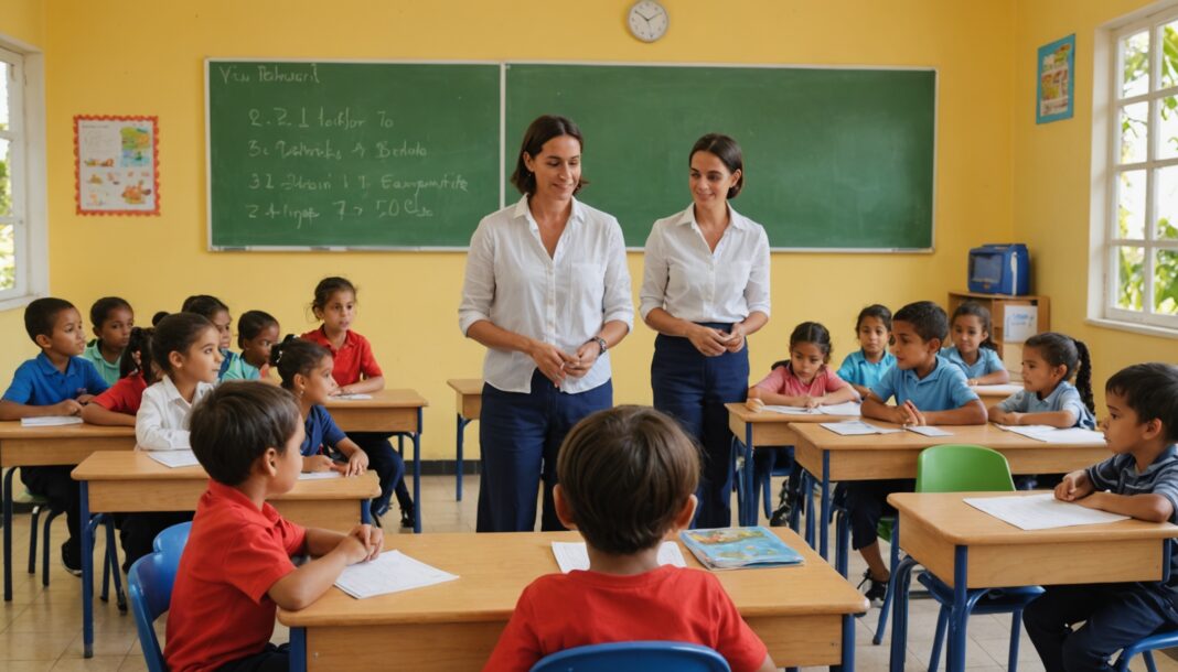 ATSEM accompagnant des enfants en classe de maternelle au Tampon, La Réunion