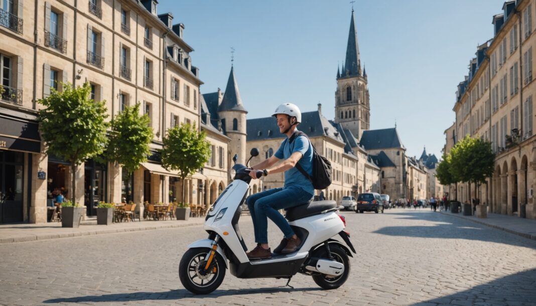 Utilisateur de trottinette électrique portant un casque dans une rue de Chartres