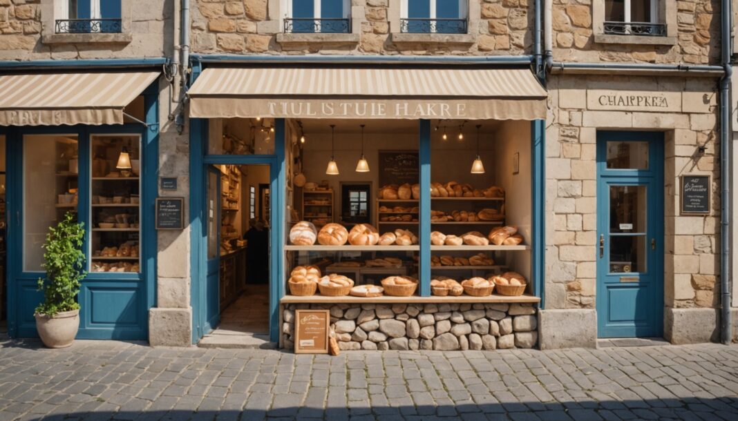 Devanture d'une boulangerie artisanale bretonne avec pains frais en vitrine