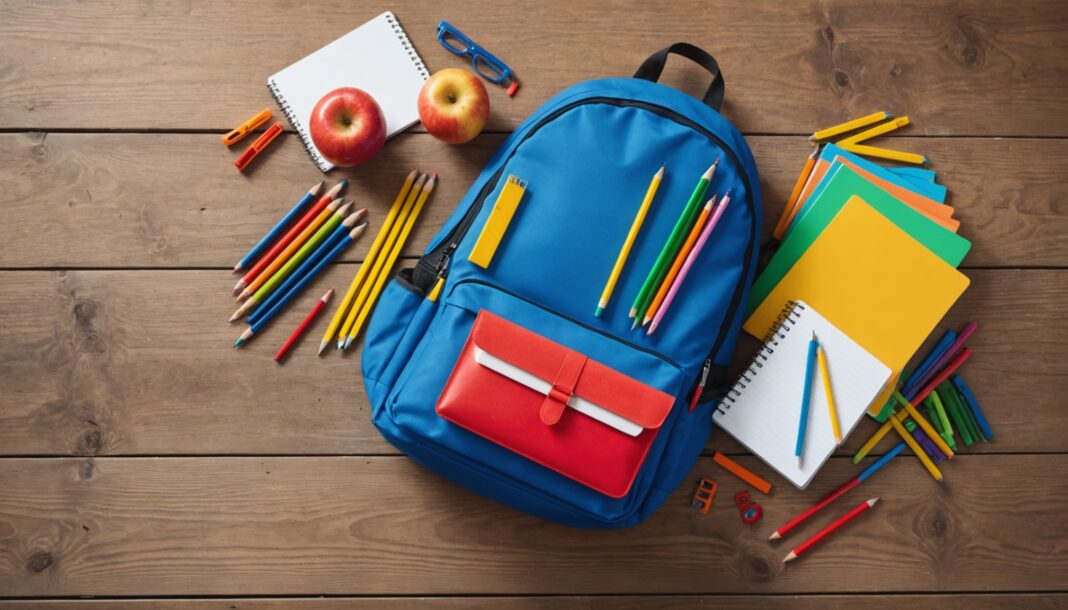 Fournitures scolaires (cahiers, crayons, règle) préparées pour la rentrée