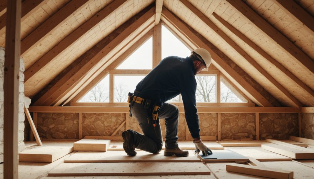 Pose d'isolant thermique dans des combles en cours de rénovation