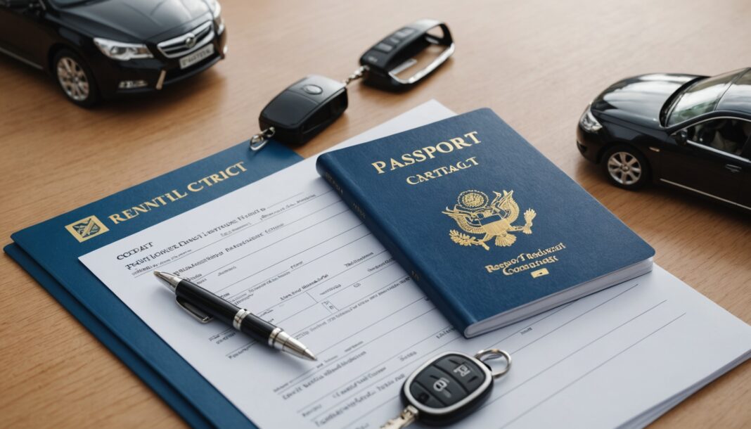 Contrat de location de voiture, passeport et clés posés sur un comptoir