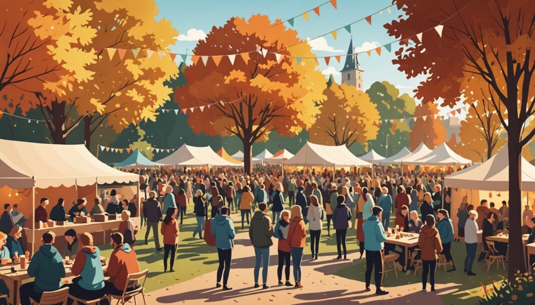 Illustration d'un festival associatif en plein air, scène musicale et stands sous les arbres