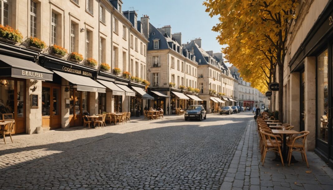 Illustration générée par IA d'une rue de centre-ville française avec des voitures stationnées près des commerces